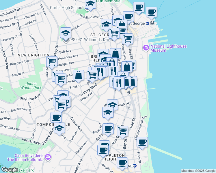 map of restaurants, bars, coffee shops, grocery stores, and more near 37 Tompkins Circle in Staten Island