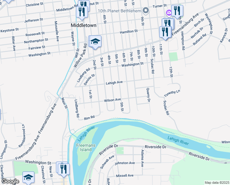 map of restaurants, bars, coffee shops, grocery stores, and more near 1550 4th Street in Bethlehem