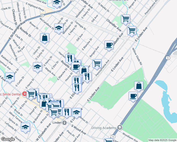 map of restaurants, bars, coffee shops, grocery stores, and more near 620 Essex Avenue in Linden