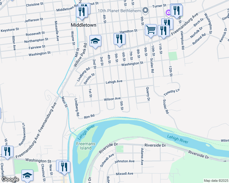 map of restaurants, bars, coffee shops, grocery stores, and more near 1550 4th Street in Bethlehem