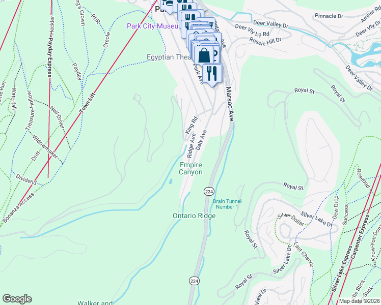 map of restaurants, bars, coffee shops, grocery stores, and more near Ridge Avenue in Park City