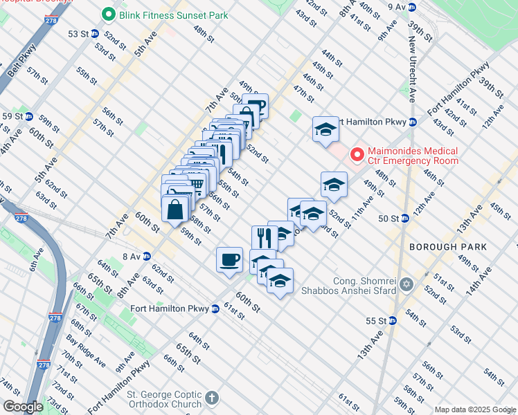 map of restaurants, bars, coffee shops, grocery stores, and more near 920 55th Street in Brooklyn
