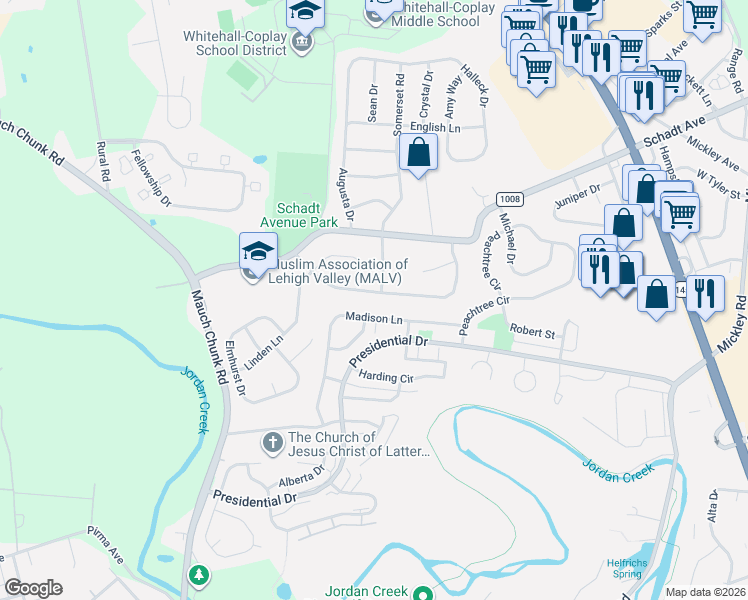 map of restaurants, bars, coffee shops, grocery stores, and more near 51 Madison Lane in Fullerton