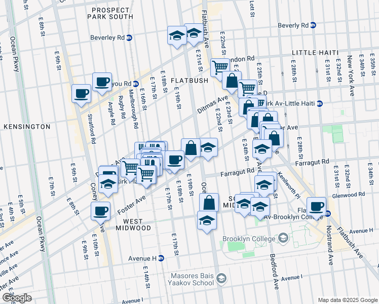 map of restaurants, bars, coffee shops, grocery stores, and more near 571 East 19th Street in Brooklyn
