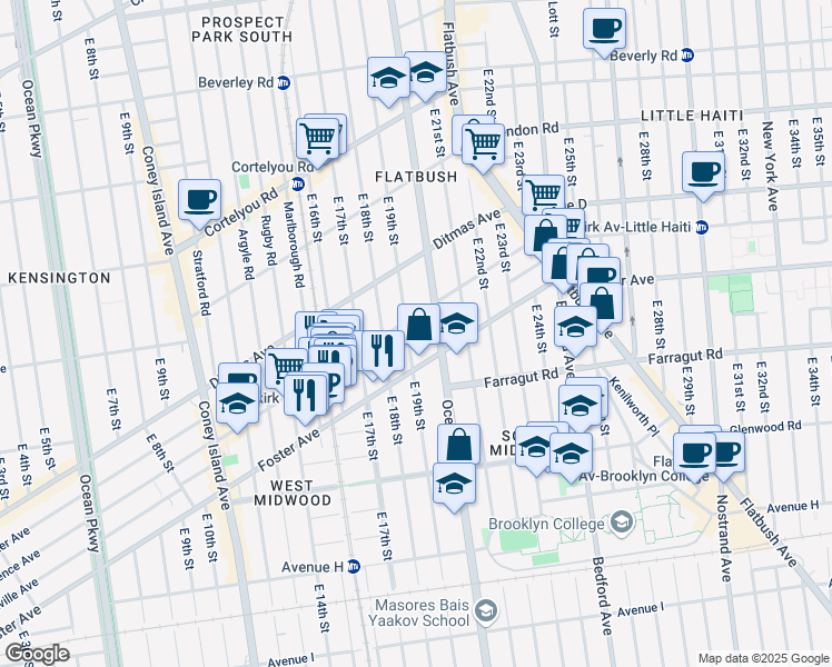 map of restaurants, bars, coffee shops, grocery stores, and more near 571 East 19th Street in Brooklyn