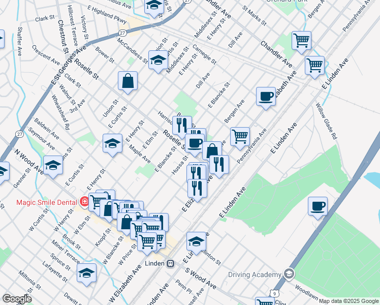 map of restaurants, bars, coffee shops, grocery stores, and more near Roselle Street & Hussa Street in Linden
