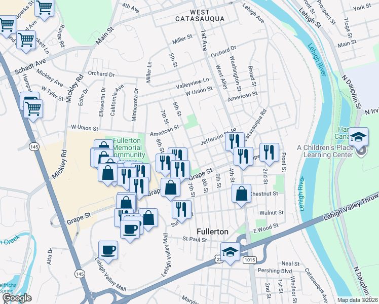map of restaurants, bars, coffee shops, grocery stores, and more near 947 7th Street in Fullerton