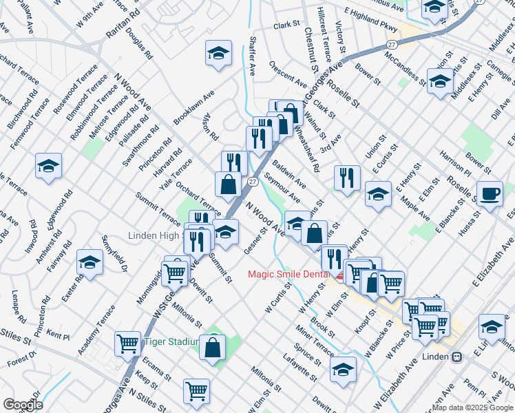 map of restaurants, bars, coffee shops, grocery stores, and more near 923 North Wood Avenue in Linden