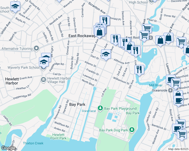 map of restaurants, bars, coffee shops, grocery stores, and more near 162 Baisley Avenue in East Rockaway