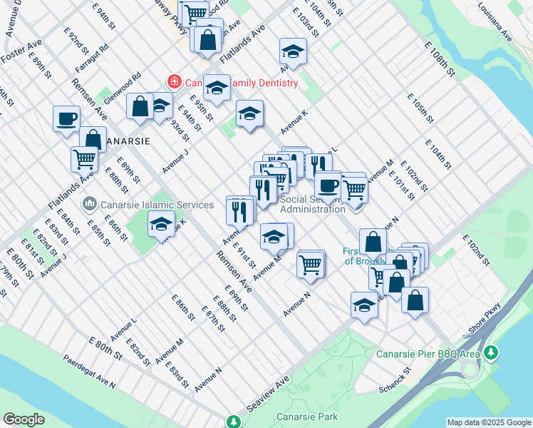 map of restaurants, bars, coffee shops, grocery stores, and more near 1439 East 93rd Street in Brooklyn