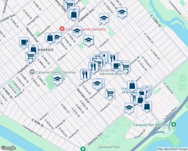map of restaurants, bars, coffee shops, grocery stores, and more near 1439 East 93rd Street in Brooklyn