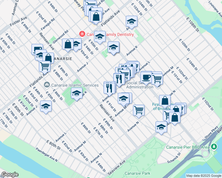 map of restaurants, bars, coffee shops, grocery stores, and more near 1409 East 92nd Street in Brooklyn