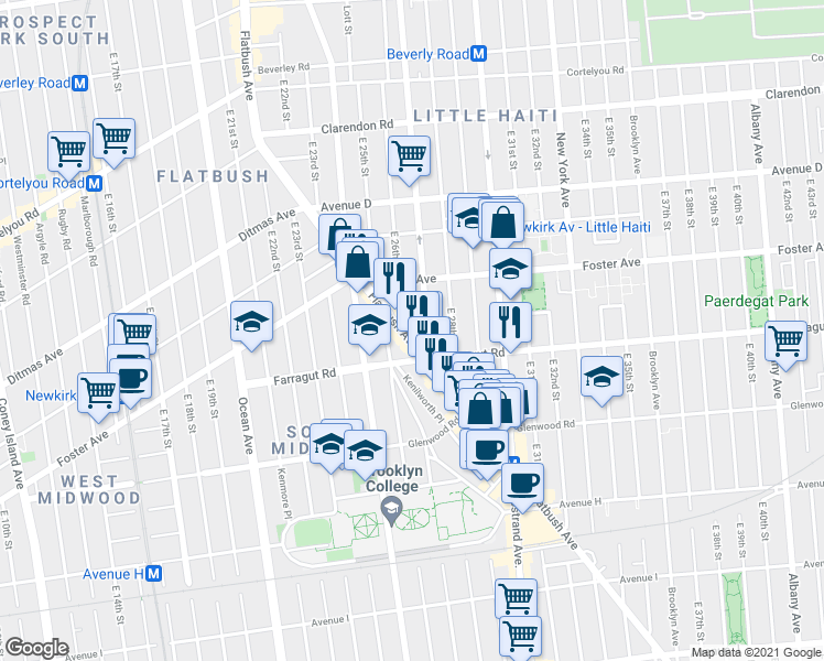 map of restaurants, bars, coffee shops, grocery stores, and more near 1401 Flatbush Avenue in Brooklyn