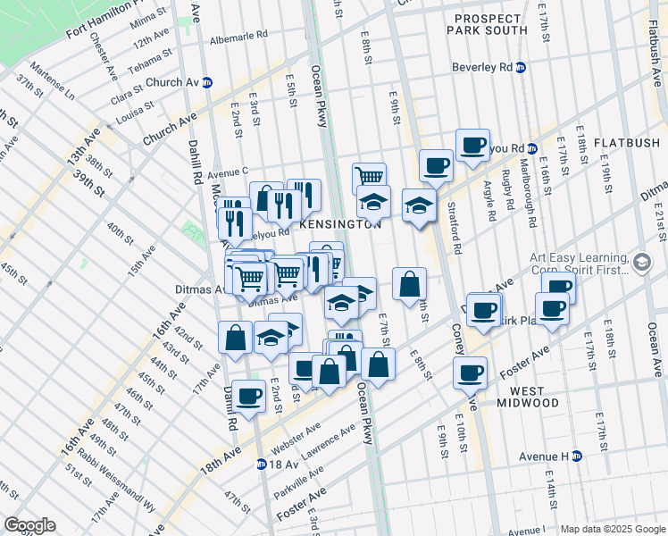 map of restaurants, bars, coffee shops, grocery stores, and more near 645 East 5th Street in Brooklyn