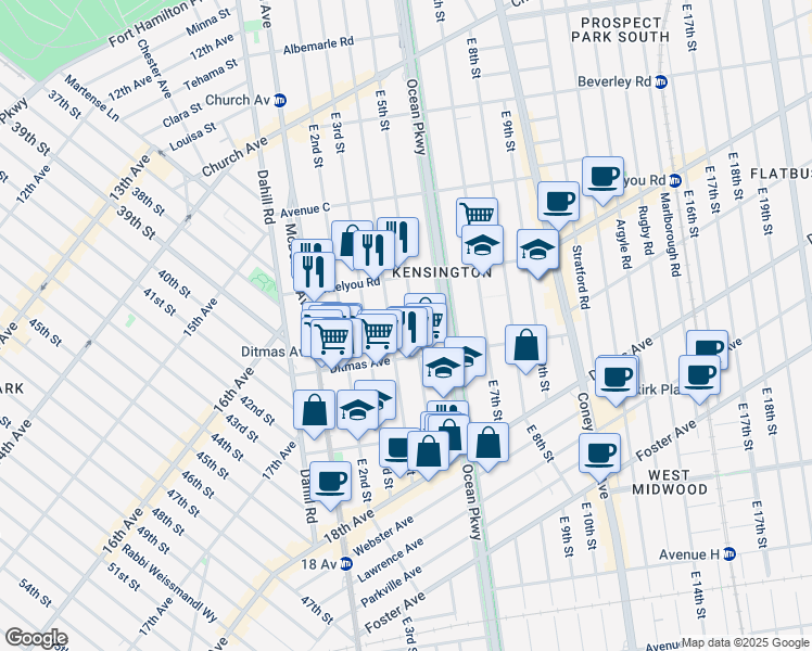 map of restaurants, bars, coffee shops, grocery stores, and more near 645 East 5th Street in Brooklyn