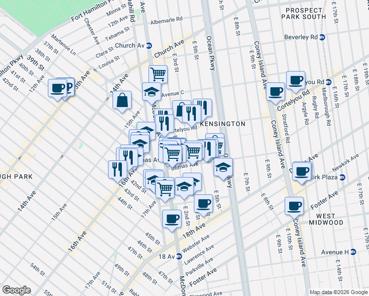 map of restaurants, bars, coffee shops, grocery stores, and more near 602 East 2nd Street in Brooklyn
