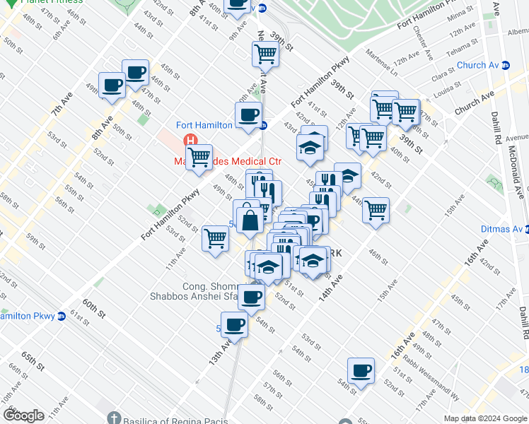 map of restaurants, bars, coffee shops, grocery stores, and more near 1216 48th Street in Brooklyn