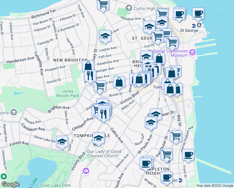 map of restaurants, bars, coffee shops, grocery stores, and more near 16 Pike Street in Staten Island