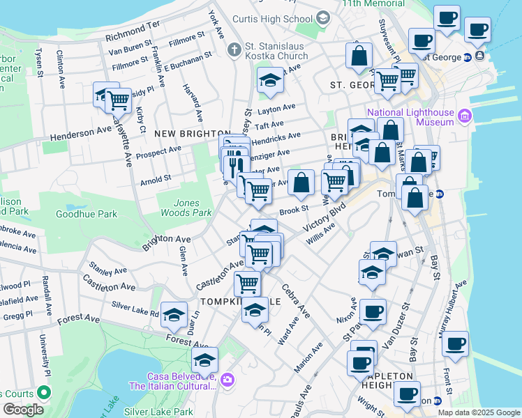 map of restaurants, bars, coffee shops, grocery stores, and more near 11 Stanley Avenue in Staten Island