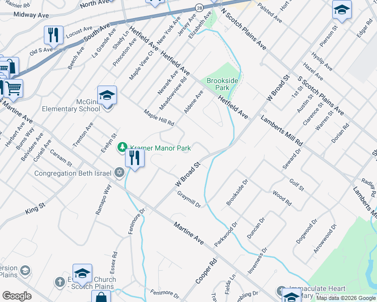 map of restaurants, bars, coffee shops, grocery stores, and more near 1278 White Oak Road in Scotch Plains