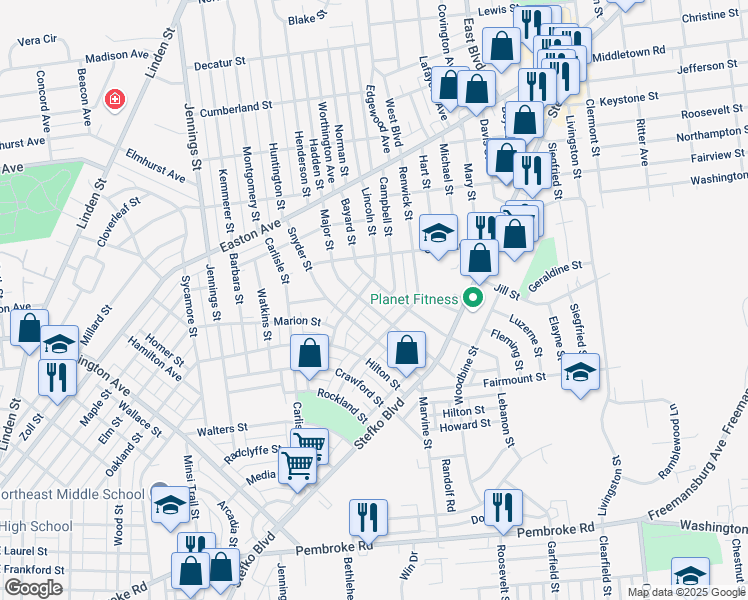 map of restaurants, bars, coffee shops, grocery stores, and more near 1735 Major Street in Bethlehem