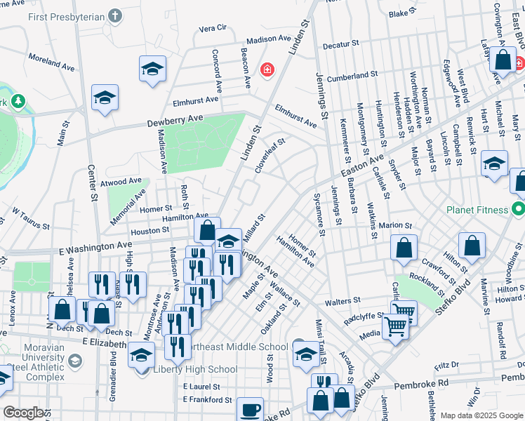 map of restaurants, bars, coffee shops, grocery stores, and more near 1729 Easton Avenue in Bethlehem