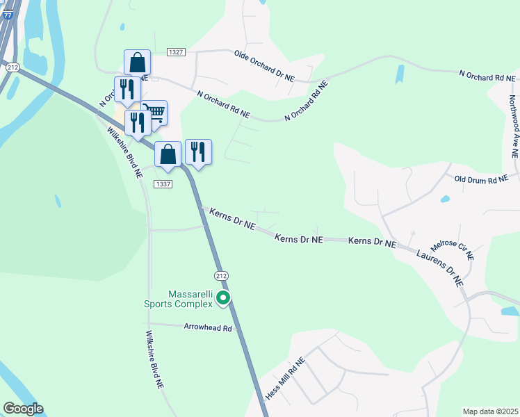 map of restaurants, bars, coffee shops, grocery stores, and more near 805 Kerns Drive Northeast in Bolivar
