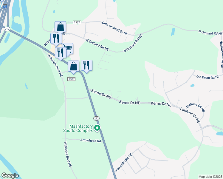 map of restaurants, bars, coffee shops, grocery stores, and more near 805 Kerns Drive Northeast in Bolivar