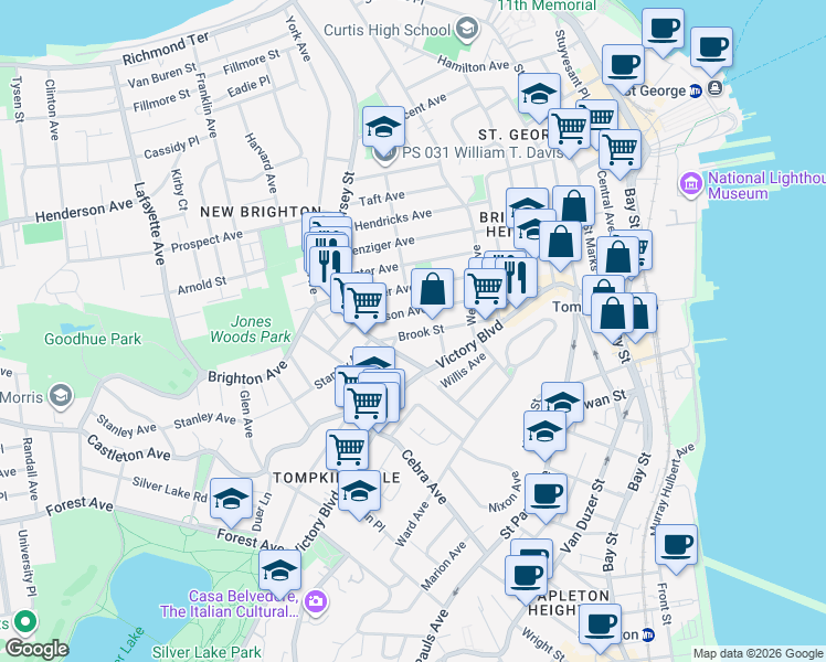 map of restaurants, bars, coffee shops, grocery stores, and more near 517 Jersey Street in Staten Island