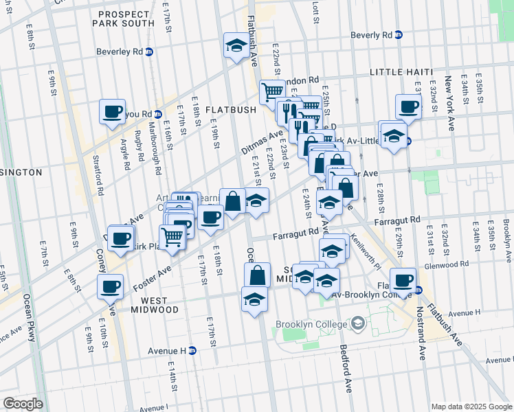 map of restaurants, bars, coffee shops, grocery stores, and more near 2020 Foster Avenue in Brooklyn