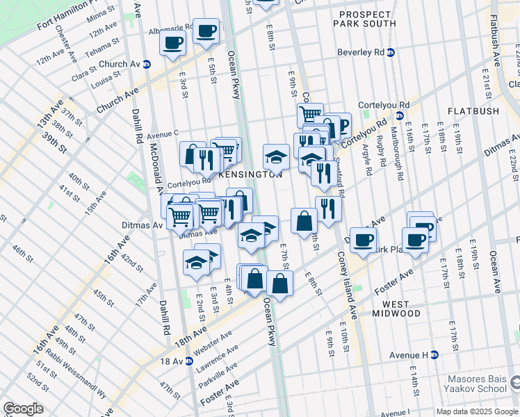 map of restaurants, bars, coffee shops, grocery stores, and more near 475 Ocean Parkway in Brooklyn