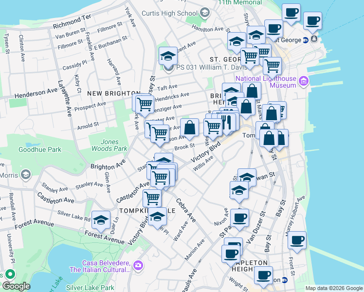 map of restaurants, bars, coffee shops, grocery stores, and more near 16 Pike Street in Staten Island