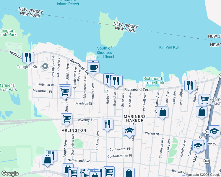 map of restaurants, bars, coffee shops, grocery stores, and more near 21 Harbor Road in Staten Island