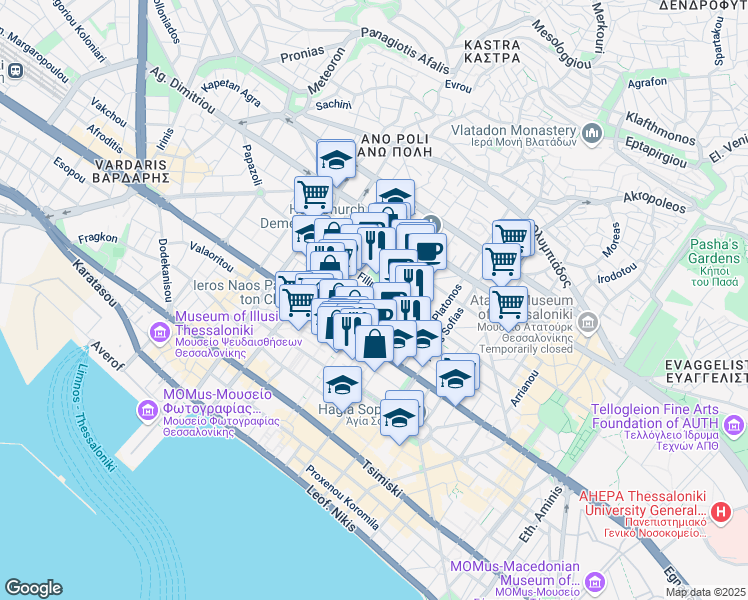 map of restaurants, bars, coffee shops, grocery stores, and more near in Thessaloniki