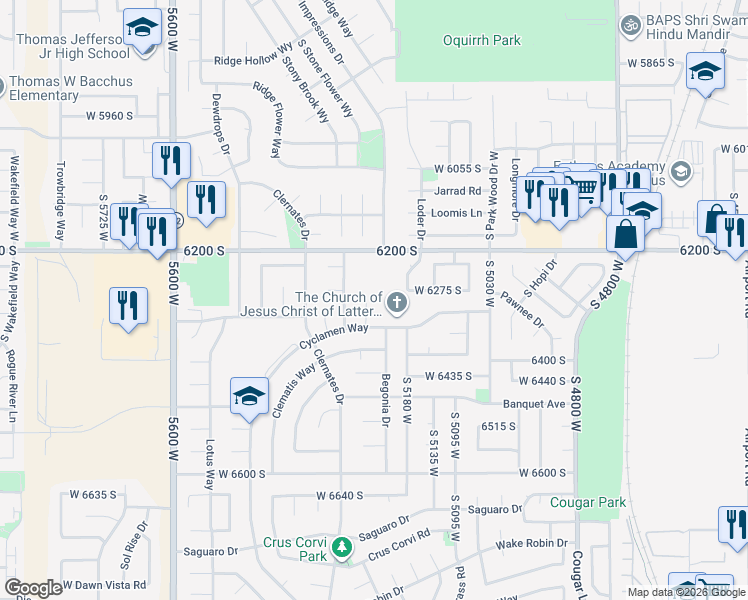 map of restaurants, bars, coffee shops, grocery stores, and more near in West Jordan
