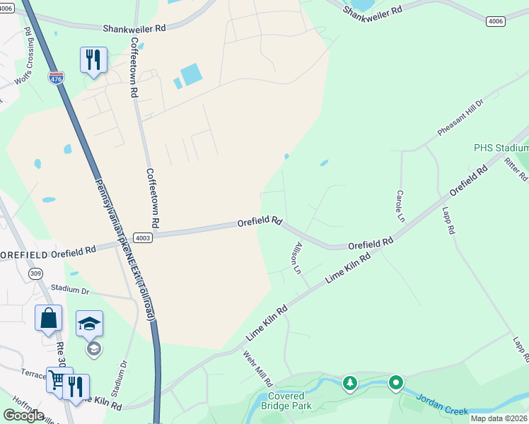 map of restaurants, bars, coffee shops, grocery stores, and more near 4131 Orefield Road in Allentown