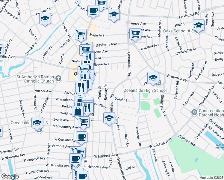 map of restaurants, bars, coffee shops, grocery stores, and more near 3090 Oceanside Road in Oceanside