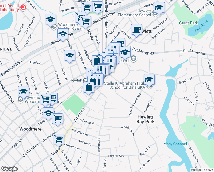 map of restaurants, bars, coffee shops, grocery stores, and more near 25 Ives Road in Hewlett