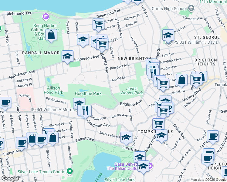 map of restaurants, bars, coffee shops, grocery stores, and more near 337 Lafayette Avenue in Staten Island