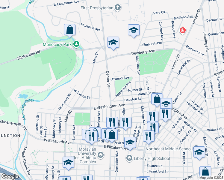 map of restaurants, bars, coffee shops, grocery stores, and more near 1740 Center Street in Bethlehem