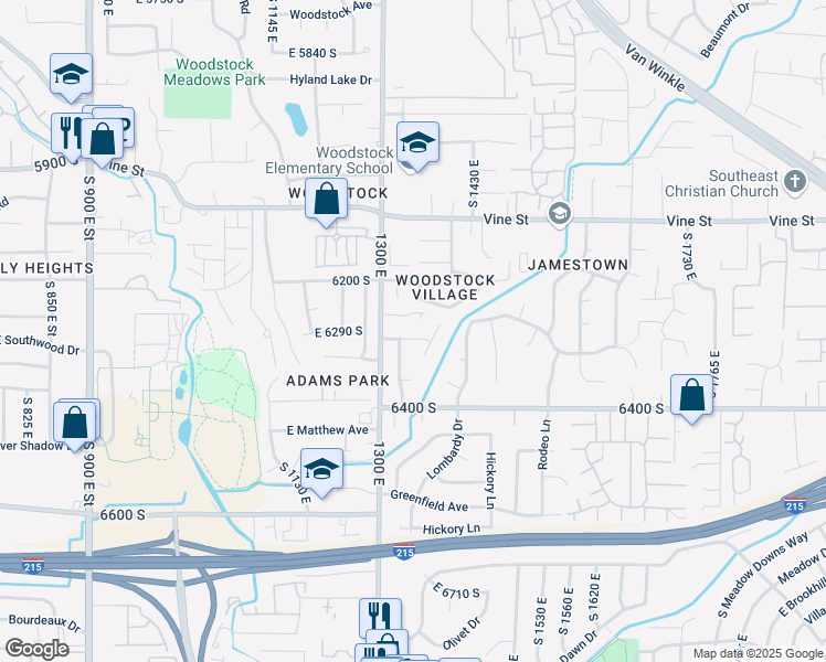 map of restaurants, bars, coffee shops, grocery stores, and more near 1342 Maplewood Drive South in Murray
