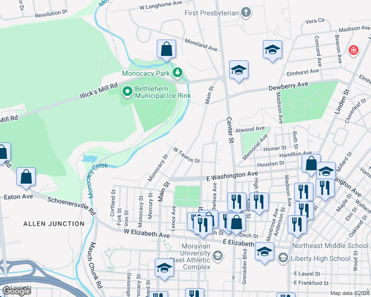 map of restaurants, bars, coffee shops, grocery stores, and more near 1725 Main Street in Bethlehem