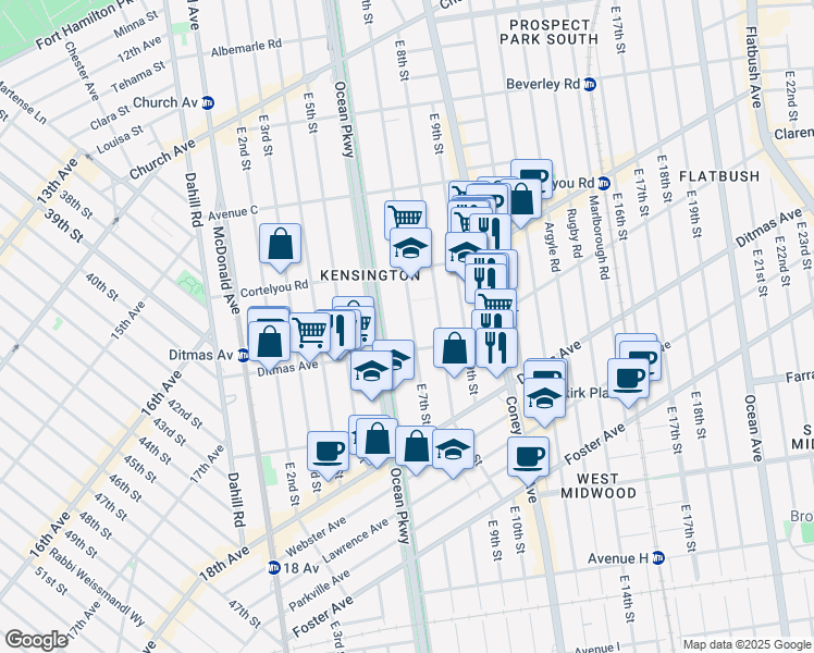 map of restaurants, bars, coffee shops, grocery stores, and more near 604 East 7th Street in Brooklyn