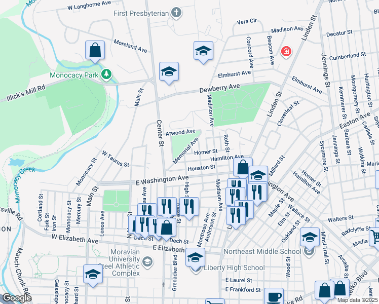 map of restaurants, bars, coffee shops, grocery stores, and more near 1734 Memorial Avenue in Bethlehem