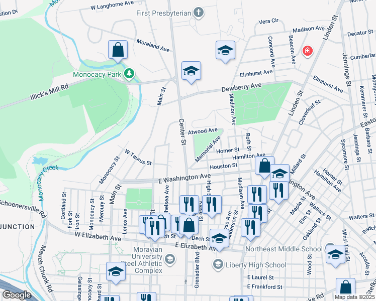 map of restaurants, bars, coffee shops, grocery stores, and more near 1740 Center Street in Bethlehem