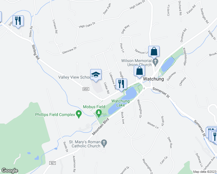 map of restaurants, bars, coffee shops, grocery stores, and more near 28 Cedar Road in Watchung