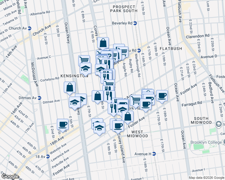 map of restaurants, bars, coffee shops, grocery stores, and more near 860 Coney Island Avenue in Brooklyn