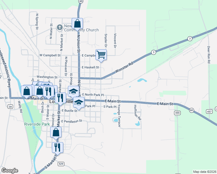 map of restaurants, bars, coffee shops, grocery stores, and more near 535 East North Park Place in Loudonville