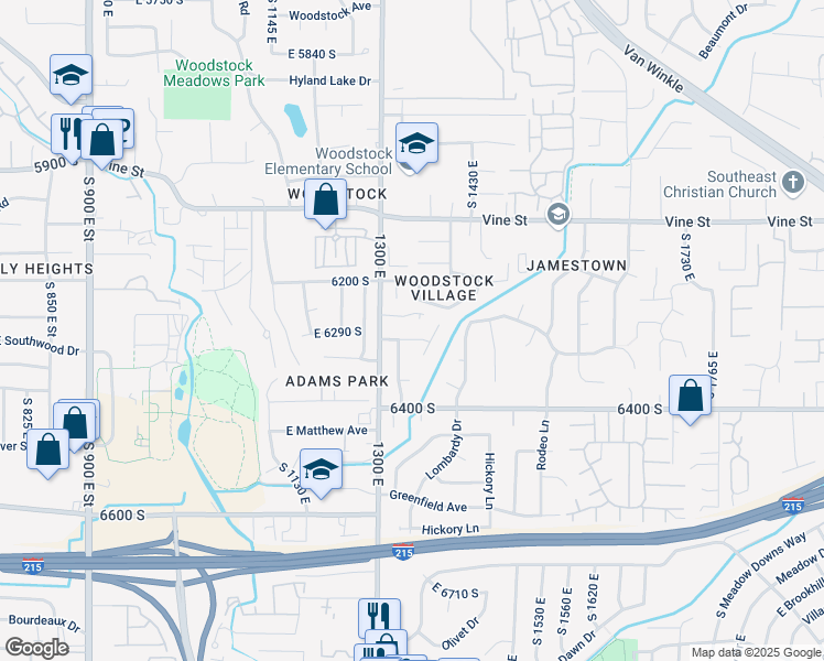 map of restaurants, bars, coffee shops, grocery stores, and more near 1342 Maplewood Drive South in Murray