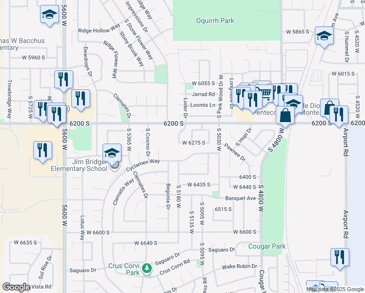 map of restaurants, bars, coffee shops, grocery stores, and more near 5144 Cyclamen Way in West Jordan
